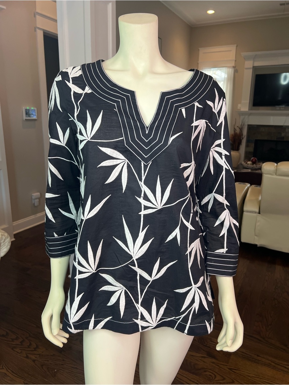 Talbots Black Tunic with White Leaf Print